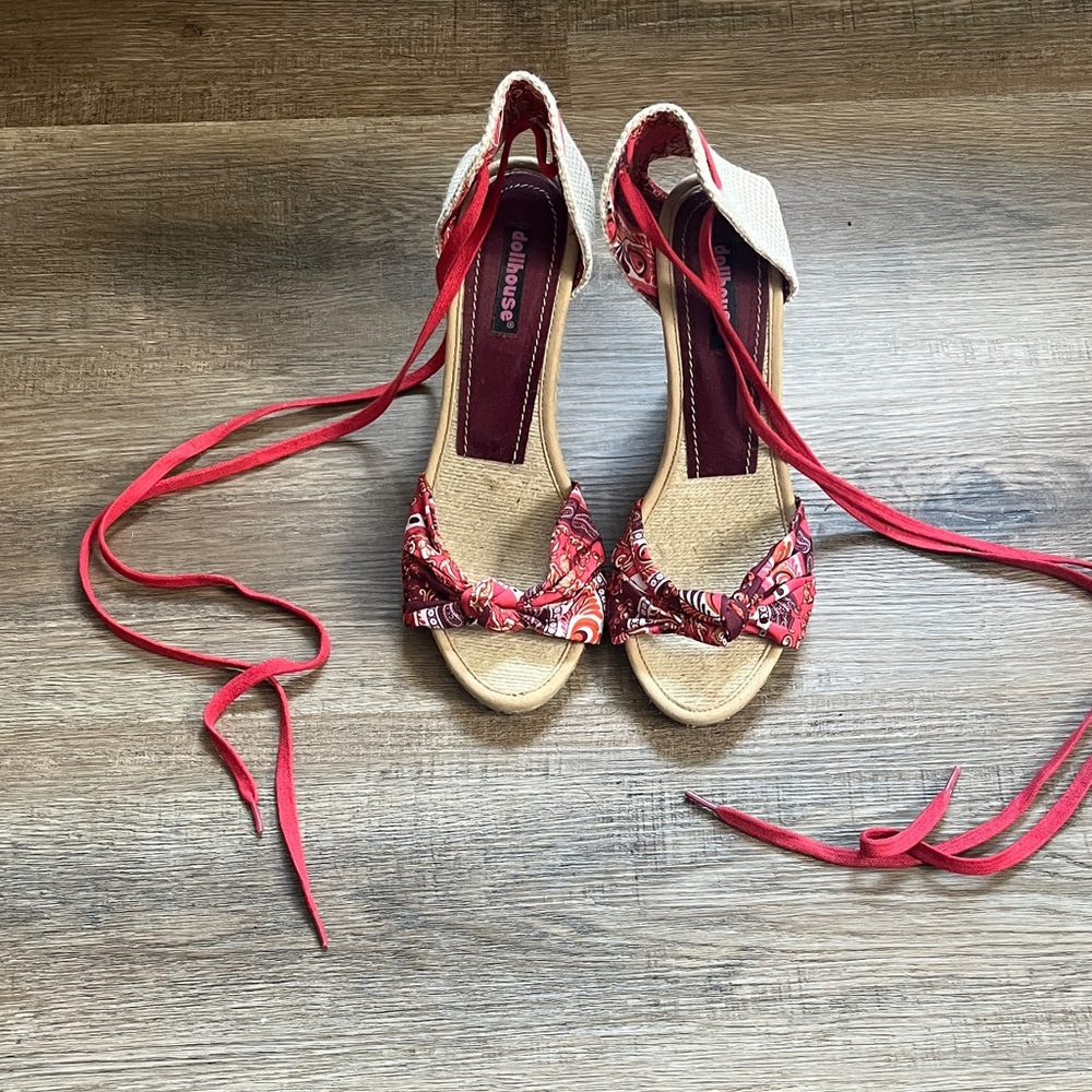 Dollhouse Orange and Tan Espadrille Sandals, Lace Up, 9.5